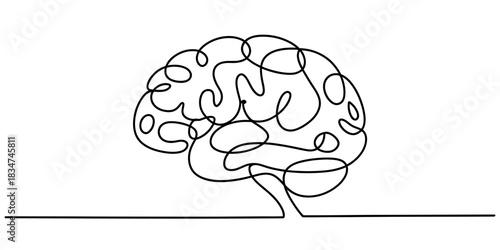 Single continuous line art drawing of a human brain, symbolizing thought, creativity, intelligence, and innovative ideas on a clean background. Vector, illustration