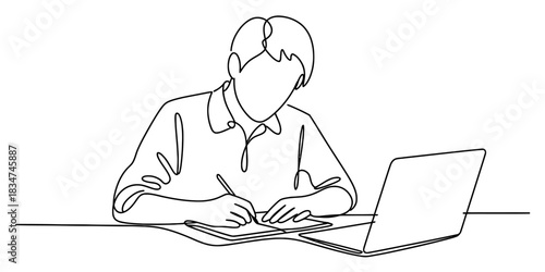 Continuous line drawing of a person at a desk, writing in a notebook with a laptop. illustrates focus, study, learning, and modern work setting. Vector, illustration
