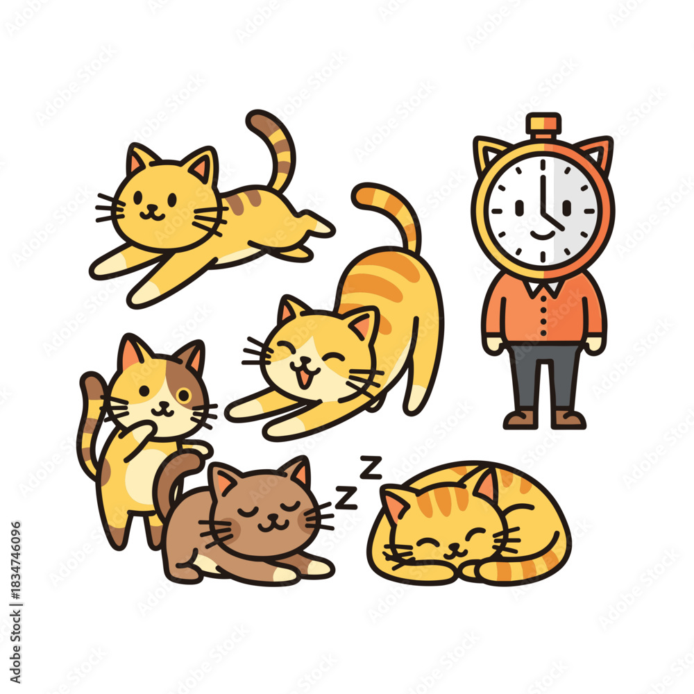 Fototapeta premium Cartoon sleeping and playful cats with clock figure