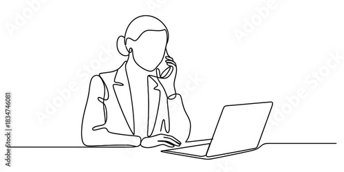 Continuous line drawing of a businesswoman talking on a smartphone while working on a laptop at her desk, symbolizing remote work and communication. Vector, illustration