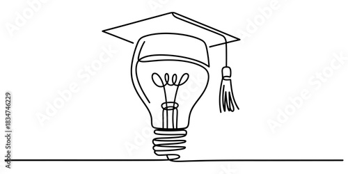 Conceptual continuous line art: a bright light bulb adorned with a graduation cap, signifying knowledge, wisdom, and academic achievement. Vector, illustration
