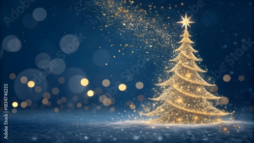 Abstract christmas tree forming from golden particles on a dark blue background with bokeh and copy space 
