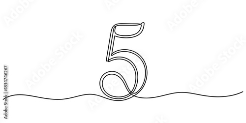 Continuous line drawing of number five digit with a flowing, minimalistic, and modern aesthetic on a pristine white background Vector, illustration