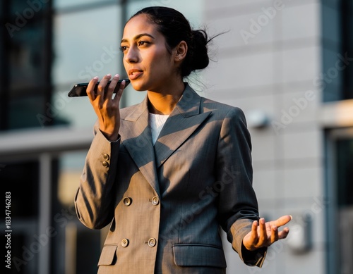 Confident Businesswoman Speaking at an Outdoor Event.