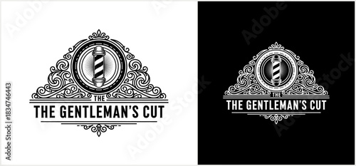Barber shop logo featuring a pole and ornate design, presented in both white and black background versions.