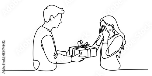 Continuous line drawing of a man giving a surprise gift box with a bow to an emotional woman covering her face, isolated vector art Vector, illustration