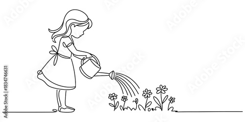 Child in a dress watering blooming flowers with a watering can, simple minimalist continuous line art, isolated on clean background Vector, illustration