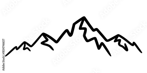 Minimalist black line art mountain range icon representing natural landscapes, adventure, exploration, outdoor challenges and upward growth. Vector, illustration