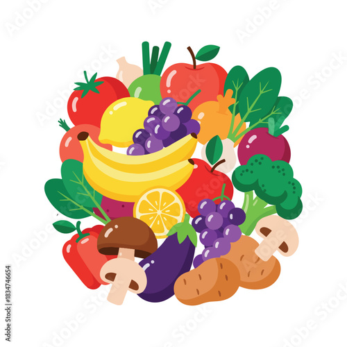 Colorful illustration of fresh fruits and vegetables, healthy food collage