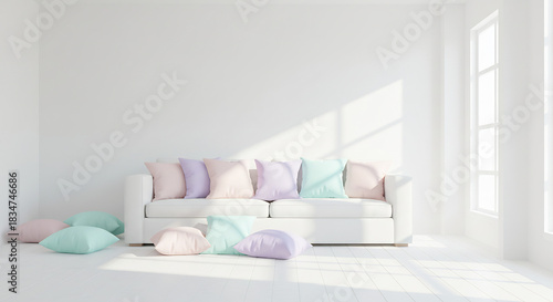 Bright sunlit minimalist white room featuring a sofa adorned with soft pastel cushions and geometric shadows.. AI Generated