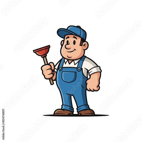 Cartoon plumber man holding a red plunger, wearing blue overalls