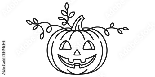 Outline drawing of a cheerful jack-o'-lantern with whimsical vines and leaves, perfect for halloween designs, coloring pages, or festive decor. Vector, illustration