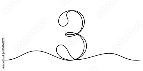 Continuous one line drawing of the number three with a flowing wavy underscore, representing simplicity and modern design concept vector graphic. Vector, illustration