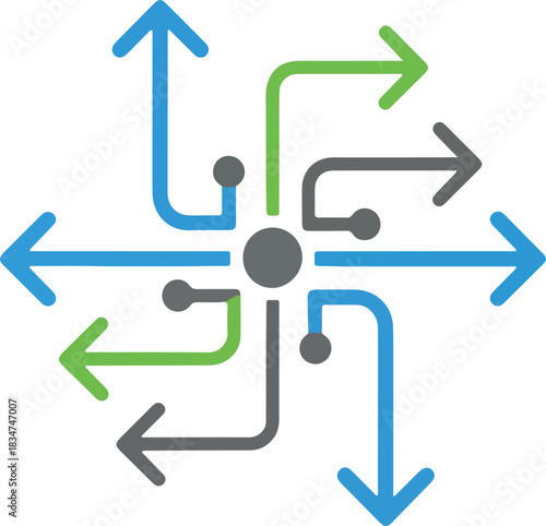 Central node with eight curved arrows diverging in different directions and colors