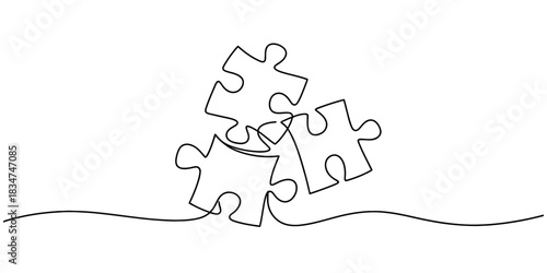 Continuous line art drawing of three interconnected puzzle pieces symbolizing teamwork, solution, connection, strategy, and problem solving. Vector, illustration