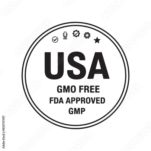 USA seal: GMO Free, FDA Approved, GMP certified label