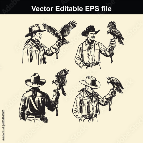 vector editable eps file featuring four vintage style illustrations of cowboys or falconers holding large birds of prey, possibly eagles or hawks, in various poses