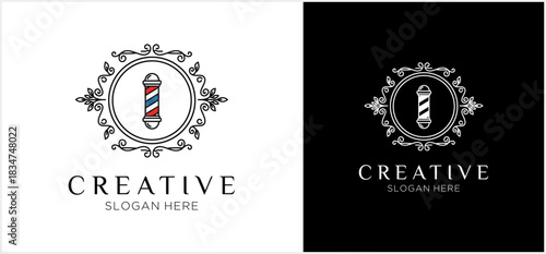 Two variations of a classic barbershop logo featuring a barber pole inside an ornate, vintage circular frame, presented on white and black backgrounds.