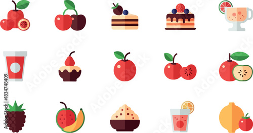 Colorful flat design icons set featuring fresh fruits, sweet desserts, and refreshing drinks for modern digital applications and culinary themes