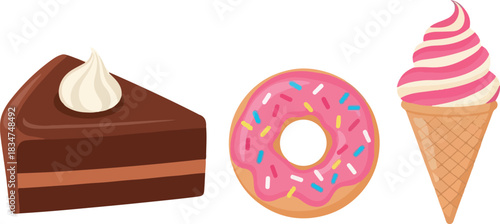 Delicious Assortment of Sweet Treats Chocolate Cake Slice, Pink Frosted Donut, and Swirled Ice Cream Cone on White Background