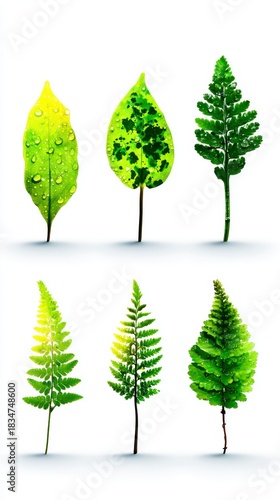 Six different green leaves some with water droplets isolated on a white background