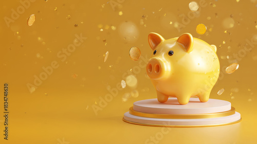 Cute 3D piggy bank on a pedestal with golden coins raining down, concept of saving money, investment, and finance