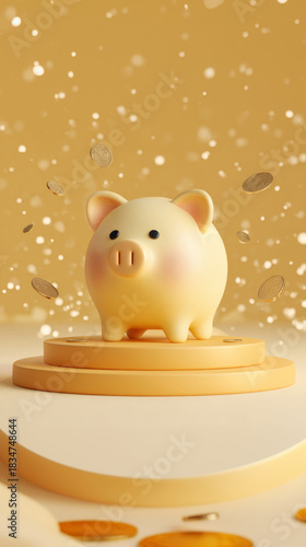 Cute 3D piggy bank on a pedestal with golden coins raining down, concept of saving money, investment, and finance