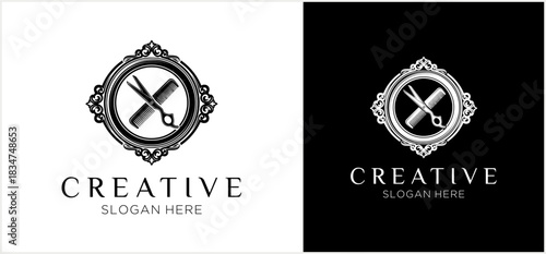 Elegant barber shop or beauty salon logo featuring crossed scissors and comb within an ornate frame, presented on both light and dark backgrounds.
