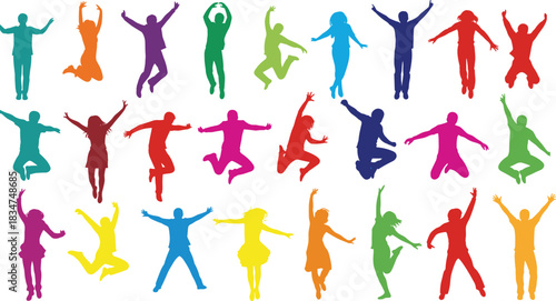 Large Collection of Twenty-Four Multi-Colored Silhouettes of Diverse Men and Women Jumping in Various Energetic Poses for Joy Freedom and Fun Concepts.