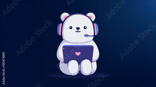 Cute polar bear cartoon character wearing a headset and holding a laptop, concept of customer support, online learning, or gamer background