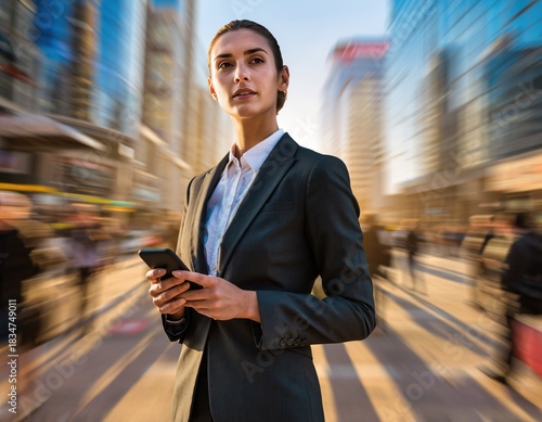 Confident Businesswoman with Smartphone in Bustling City.