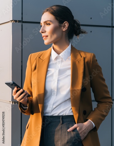 Confident Businesswoman with Smartphone in Urban Setting.