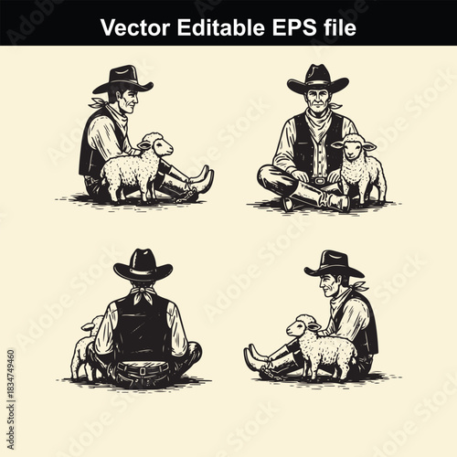 vintage style vector illustration set depicting four different poses of a cowboy sitting peacefully with a small sheep or lamb in a rustic, handdrawn engraving aesthetic
