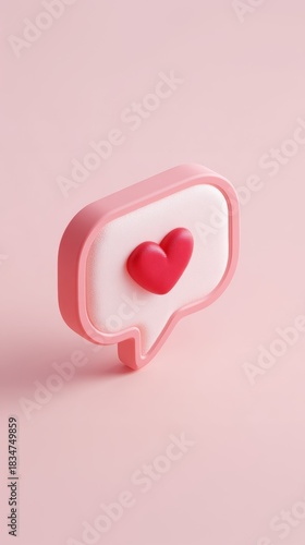 3D rendered pink speech bubble with red heart icon inside, concept of love feedback, social media reaction, or dating application