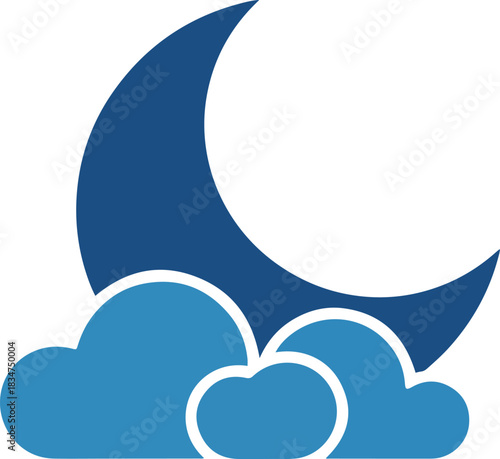 Dark blue crescent moon partially obscured by light blue clouds on white background