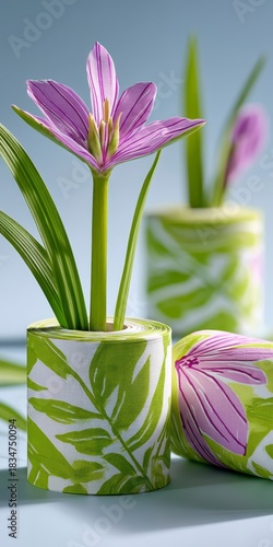 Delicate purple striped flower emerges from decorative green leaf patterned roll