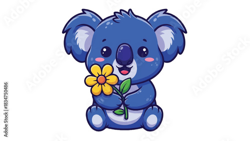 Cute Blue Koala Holding a Yellow Flower with Green Stem and Leaves.