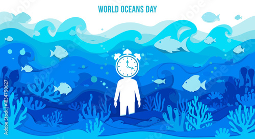 Deep ocean ecosystem with clock figure for Oceans Day