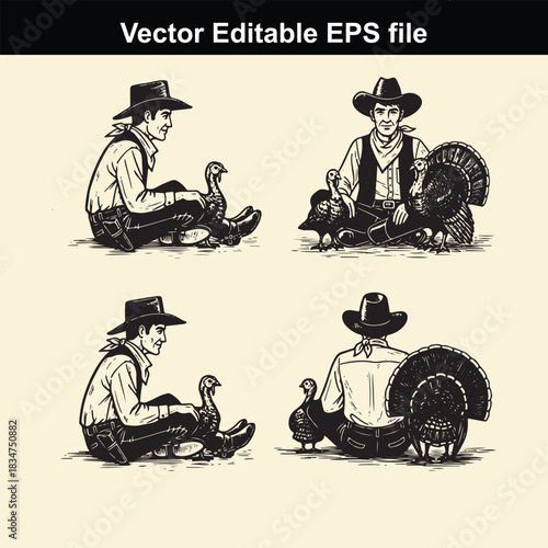 vector editable eps file featuring four black and white illustrations of cowboys sitting with turkeys in various poses, perfect for thanksgiving or western themes