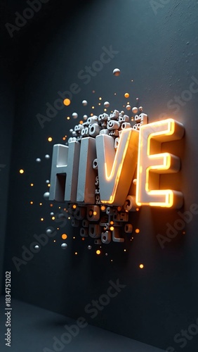 Abstract 3D Typography of the word 'HIVE' with a glowing orange outline, surrounded by floating geometric shapes and spheres, creating a sense of motion and depth
