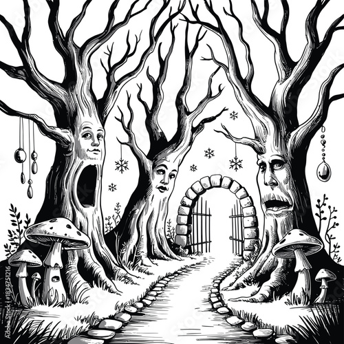 Enchanted forest entrance with faces in trees and mushrooms