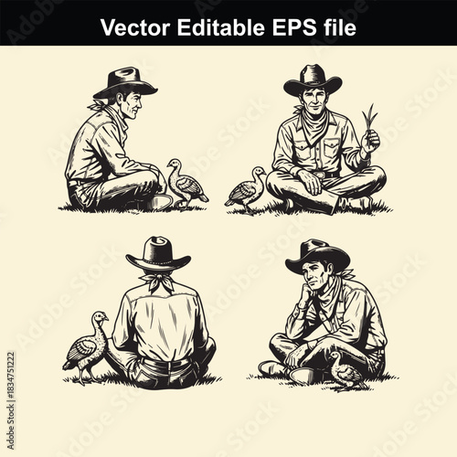 vector editable eps file featuring four vintage style illustrations of cowboys sitting crosslegged with turkeys in a sketch or engraving art style