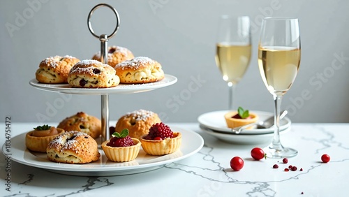 Indulgent Afternoon Tea Spread Featuring Freshly Baked Scones, Tartlets, and Champagne, Perfect for Celebrations and Special Occasions