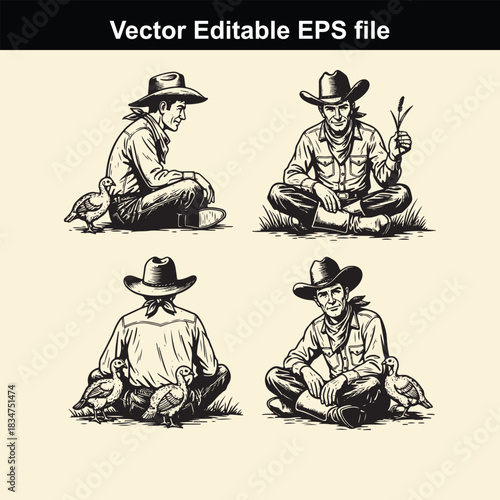 vintage style vector illustration set featuring four different poses of a cowboy sitting down with ducks or geese in a rustic, handdrawn sketch aesthetic