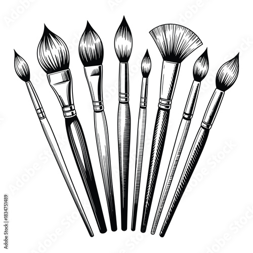 Collection of assorted artist paint brushes in a fan arrangement