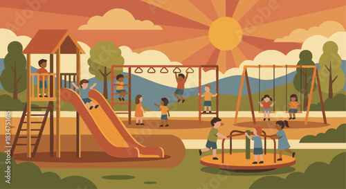 “Recess scene with children playing on playground equipment, flat shapes, warm outdoor colors.”