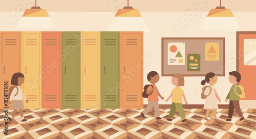 “Primary school hallway with children walking past lockers, flat geometric shapes, soft warm tones.”