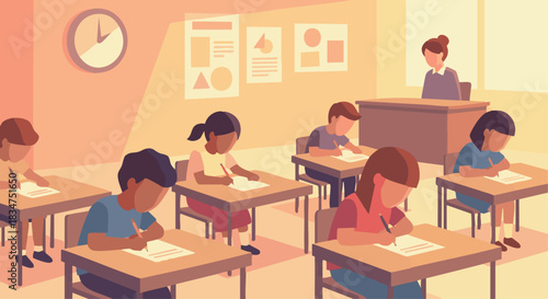 “Writing test scene with children focused at their desks, warm flat tones, simple geometric style.”