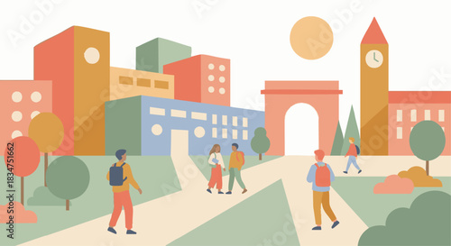 “Flat vector illustration of university students walking across campus with backpacks, warm pastel tones, modern buildings and trees, simple geometric shapes.”