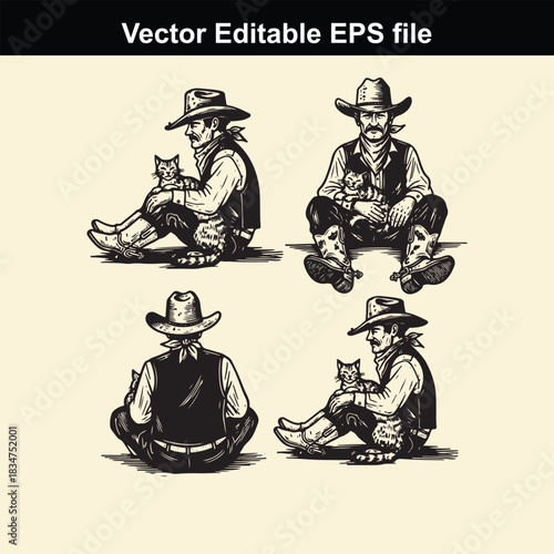 vector illustration set featuring four different views of a cowboy sitting down and tenderly holding a small cat in his lap, presented in a vintage engraving style